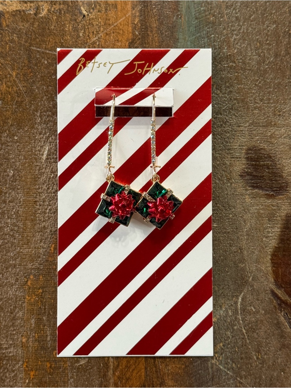 Betsey Johnson Christmas Present Gift Bow Crystal Dangle Earrings NIB